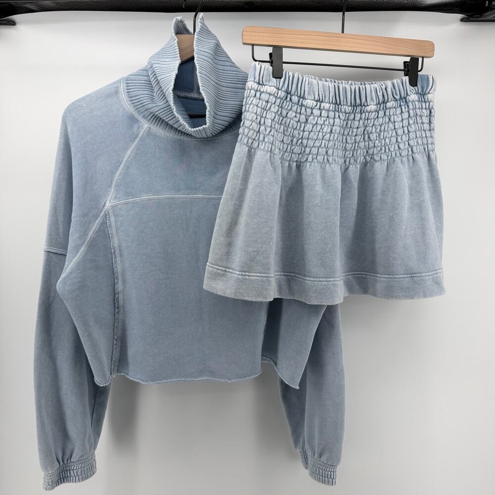 Aerie Acid Wash Blue Fleece Set Crop Turtleneck Sweatshirt M & Smocked Skirt S